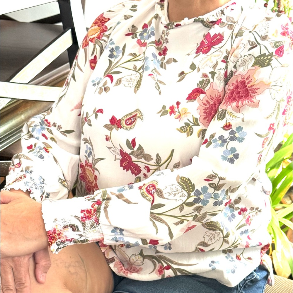 LOFT White Floral Peasant Blouse with Pink & Blue Blooms